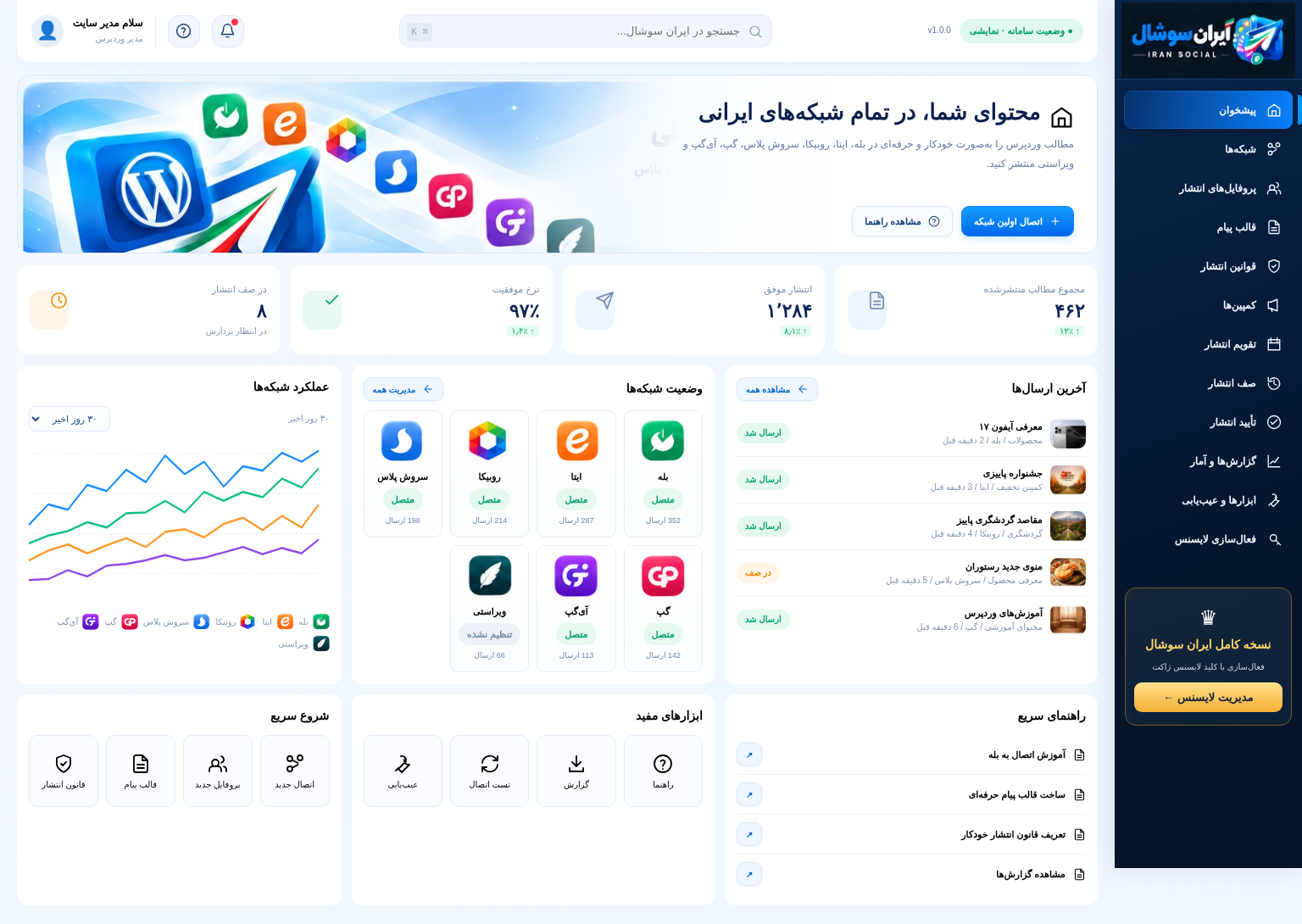 پیشنمایش طراحی فارسی پیشخوان ایران سوشال؛ اتصال شبکهها، گزارش انتشار و محتوای اخیر